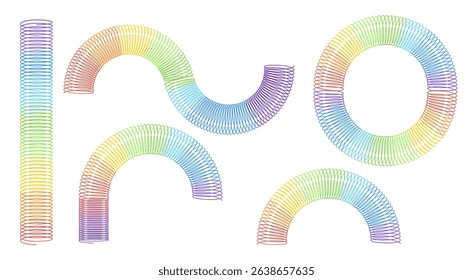 Rainbow spring toy. Children spiral plastic toys retro play game 90s, colorful flexible wire slinky coil baby kid physics bridge resilient springy roll, neat vector illustration original artwork