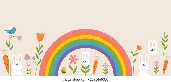 Rainbow Springtime Bunny Garden Delight,Whimsical Easter Bunny Rainbow Scene,Colorful Springtime Joyful Bunny Wonderland,Happy Easter Nature Wonderland Illustration.