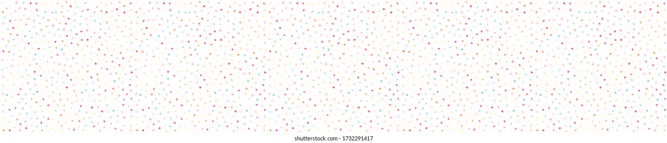 Rainbow sprinkles confetti dotty border texture. Fun seamless background. Pastel color starry quirky ribbon trim banner. Modern cute falling speckle pattern. Japanese kawaii digital party washi tape