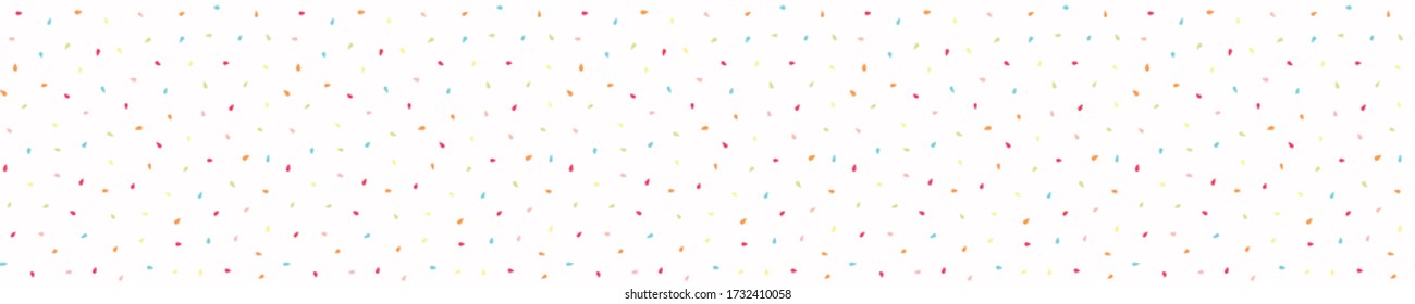 Rainbow sprinkles confetti dotty border texture. Fun seamless background. Pastel color starry quirky ribbon trim banner. Modern cute falling speckle pattern. Japanese kawaii digital party washi tape
