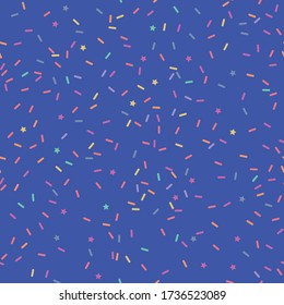 Regenbogensprinkles, Kuchen, Kuchenkacken. Vektor wiederholen. Ideal für die Innendekoration, Verpackung, Scrapbooking, Tapete, Geschenk, Kinder, Kleidung. 