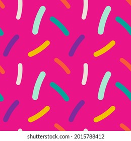 Rainbow sprinkles pattern. For textile, product application. Pink background. Sweet and fun. Vector illustration, flat design