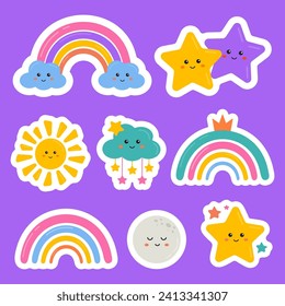 Rainbow and star cartoon collection of stickers for kids. Clip art of stickers with rainbow, star, cloud, moon, sun. Perfect for kids motivation and achievement, diary, reward chart, appreciation.