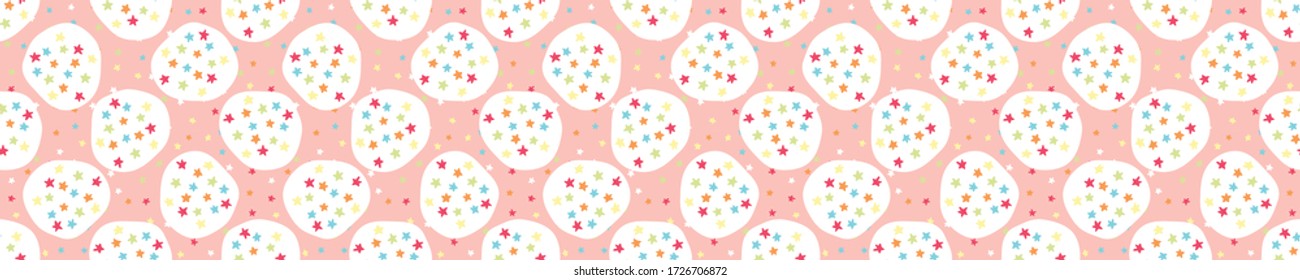 
Rainbow star confetti dotty border texture seamless background. Color starry quirky motif ribbon trim banner. Modern cute falling speckle pattern. Japanese kawaii minimal digital party washi tape