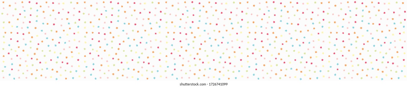 

Rainbow star confetti dotty Rand Textur nahtlosen Hintergrund. Farbenstarrer, quirliger Motiv-Band-Banner. Modernes, niedliches, fallendes Speckmuster. Japanische Kaii-Minimal-Digital-Party-Waschband