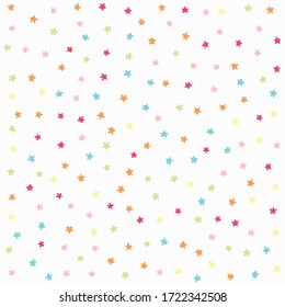 Rainbow star confetti dotty paper texture seamless background. Color starry quirky motif isolated on white. Modern cute falling speckle pattern. Japanese kawaii minimal digital party scrapbook paper