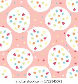 Rainbow star confetti dotty paper texture seamless background. Color starry quirky motif isolated on white. Modern cute falling speckle pattern. Japanese kawaii minimal digital party scrapbook paper