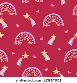 rainbow, star, heart seamless pattern hand drawn. vector. wallpaper, wrapping paper, textile, background. fairy tale, nursery, pastel, cute.