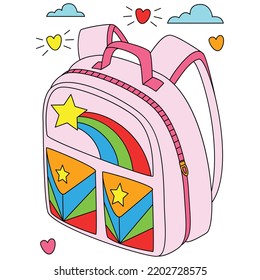 Rainbow star pink school bag backpacks with love and clouds coloring vector artwork