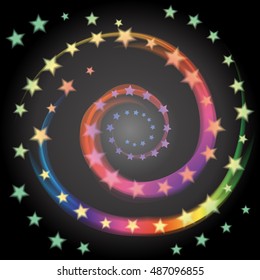 Rainbow  Star Spiral. Space Background. Colorful Stars and Spirals Twisted in Vortex on Black. Suitable for textile, fabric, packaging and web design. Vector Illustration.
