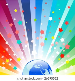 Rainbow starburst around planet earth in vector