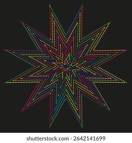 Rainbow starburst shape. Dotted square texture. Black background pattern. Vector radiant figure.