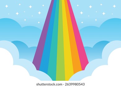 Rainbow in starry sky background. White and blue clouds and stars. Magical color spectrum bridge. Cartoon fantasy concept.