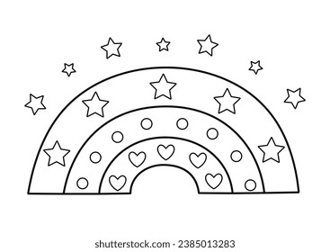 Rainbow with stars in black and white. Magical coloring page for kids. Outline cosmic print. Vector illustration