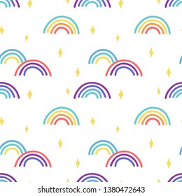 Rainbow and stars cute seamless pattern. Print for kids. Vector hand drawn illustration