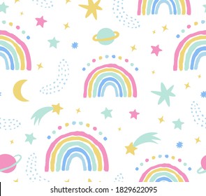 Rainbow and stars cute seamless pattern on white background.Hand drawn pastel print with simple shapes in scandinavian style. Design for textile,fabric,wallpaper,wrapping paper,web etc