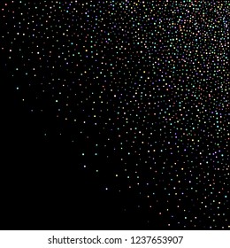 Rainbow stars, iridescent sprocket, shiny confetti. Scattered little sparkling, glitter balls, circles. Random stellar falling on black background. New Year Christmas background. Vector illustration.