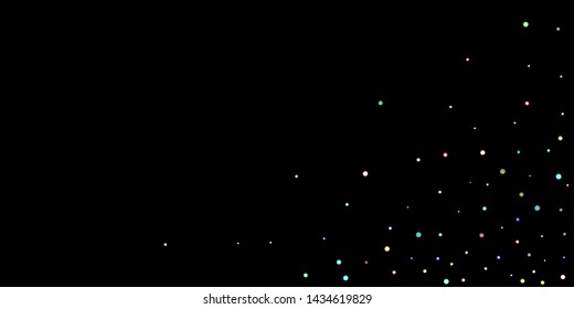 Rainbow stars, iridescent sprocket, shiny confetti. Scattered little sparkling, glitter balls, circles. Random stellar falling on black background. New Year Christmas background. Vector illustration.