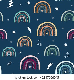 Arcoiris, estrellas y otros objetos dibujando un patrón sin fisuras y diseño de impresión de fondo de textura repetida para tejidos, tapicería, etc
