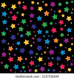 Rainbow stars pattern on the black background. Vector illustration.