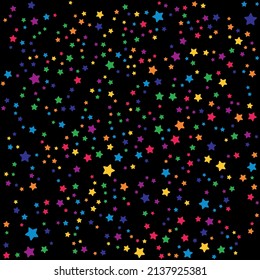 Rainbow stars pattern on the black background. Vector illustration.