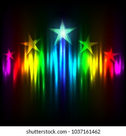 Rainbow Stars rise up on colors light template background. Cinematography entertainment industry radiance vector illustration dark backdrop
