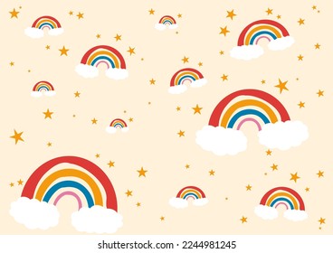 Rainbow and stars seamless pattern on cream background. Cute rainbow seamless pattern make from hand drawn rainbow clouds stars design background on cream wallpaper.