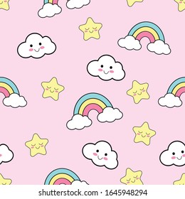 Rainbow stars seamless pattern with pastel pink background. Kids cute happy, smile cartoon objects with pastel rainbow, clouds, stars for baby. Vector illustration