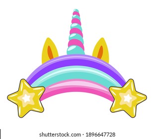 Rainbow with stars, unicorn horn with ears. Element of costume for carnival. Magical uniform for birthday party or celebration of holidays. Childish head decor. Isolated icon, vector in flat style