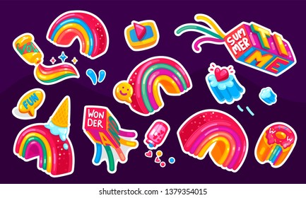 Rainbow stickers vector sweet color big set on the dark background 