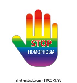 Rainbow stop hand with a text " Stop Homophobia"for the International Day Against Homophobia. Without background, isolated, clip art.