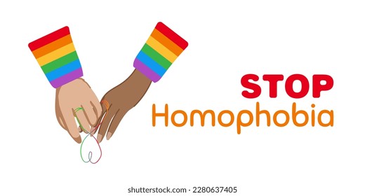 Rainbow stop sign with a hands and text Stop Homophobia for the International Day Against Homophobia. Without background, isolated, clip art.