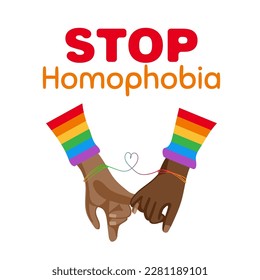 Rainbow stop sign with a hands and text Stop Homophobia for the International Day Against Homophobia. Without background, isolated, clip art.