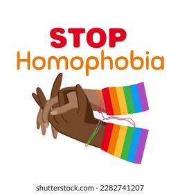 Rainbow stop sign with a hands and text Stop Homophobia for the International Day Against Homophobia. Without background, isolated, clip art.