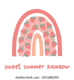 Rainbow with strawberries and lettering in Scandinavian style. Cute vector illustration. Perfect baby design for birthday invitation, baby shower, posters, clothing, nursery wall art and postcard.