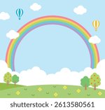 rainbow stretching across a sky with two floating hot air balloons, fluffy clouds underneath, a vibrant green field with blooming yellow flowers, and fruit-laden trees adding charm to the scene.