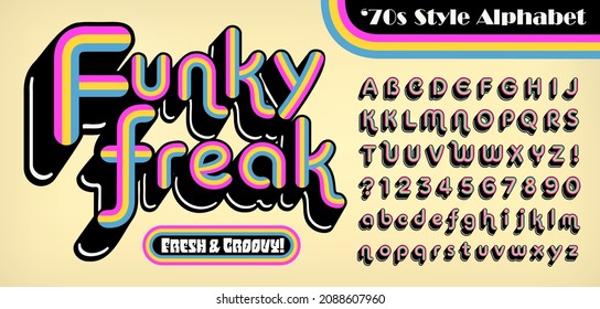 A rainbow striped 1970s style funky retro alphabet. This rounded font has a long black shadow with white highlights. Great seventies vibe, stylish and groovy.