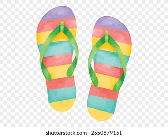 Rainbow striped flip flops in watercolor style, colorful summer beach footwear, hand-painted vacation vector.