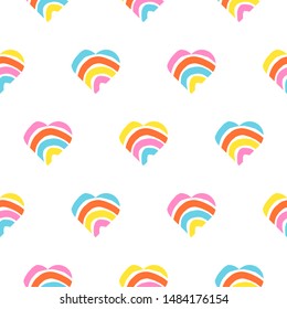 Rainbow striped heart seamless pattern. Rough lines rainbow repeating background vector texture. Multicolor striped love backdrop print.