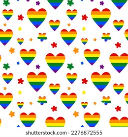 Rainbow striped hearts and colorful flowers. Seamless pattern for LGBT Pride Month