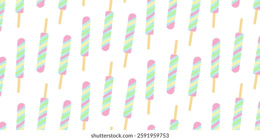 Rainbow Striped Popsicle on stick Seamless Pattern in trendy soft shades. Ice cream Day Background