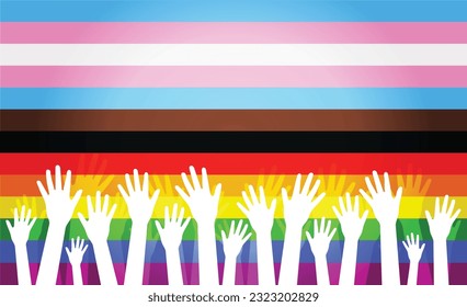 Rainbow striped Pride background Flag concept LGBTQ2+ lesbian, gay, bisexual, transgender, queer (or sometimes questioning), and two-spirited and more with hands up silhouette