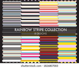 Rainbow striped seamless pattern collection includes 8 design swatches for fashion textiles, graphics