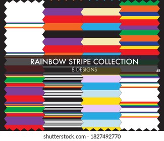 Rainbow striped seamless pattern collection includes 8 design swatches for fashion textiles, graphics