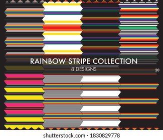 Rainbow striped seamless pattern collection includes 8 design swatches for fashion textiles, graphics