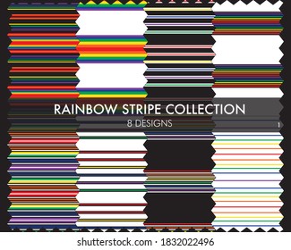 Rainbow striped seamless pattern collection includes 8 design swatches for fashion textiles, graphics