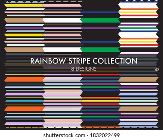 Rainbow striped seamless pattern collection includes 8 design swatches for fashion textiles, graphics