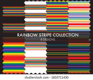 Rainbow striped seamless pattern collection includes 8 design swatches for fashion textiles, graphics