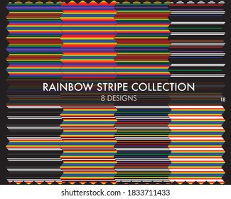 Rainbow striped seamless pattern collection includes 8 design swatches for fashion textiles, graphics