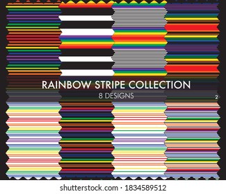 Rainbow striped seamless pattern collection includes 8 design swatches for fashion textiles, graphics